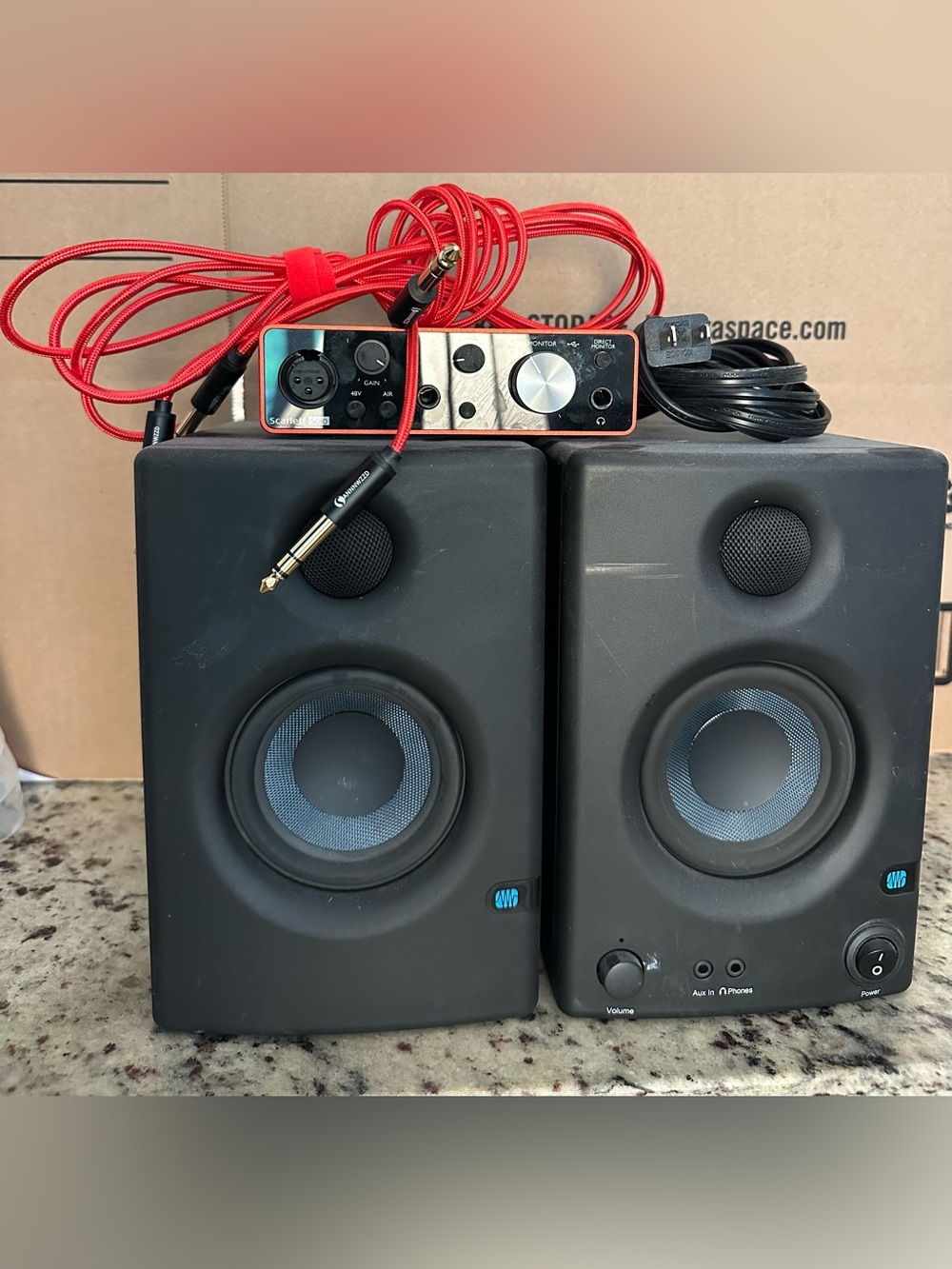 Bundle of monitor speakers and a Focusrite audio interface